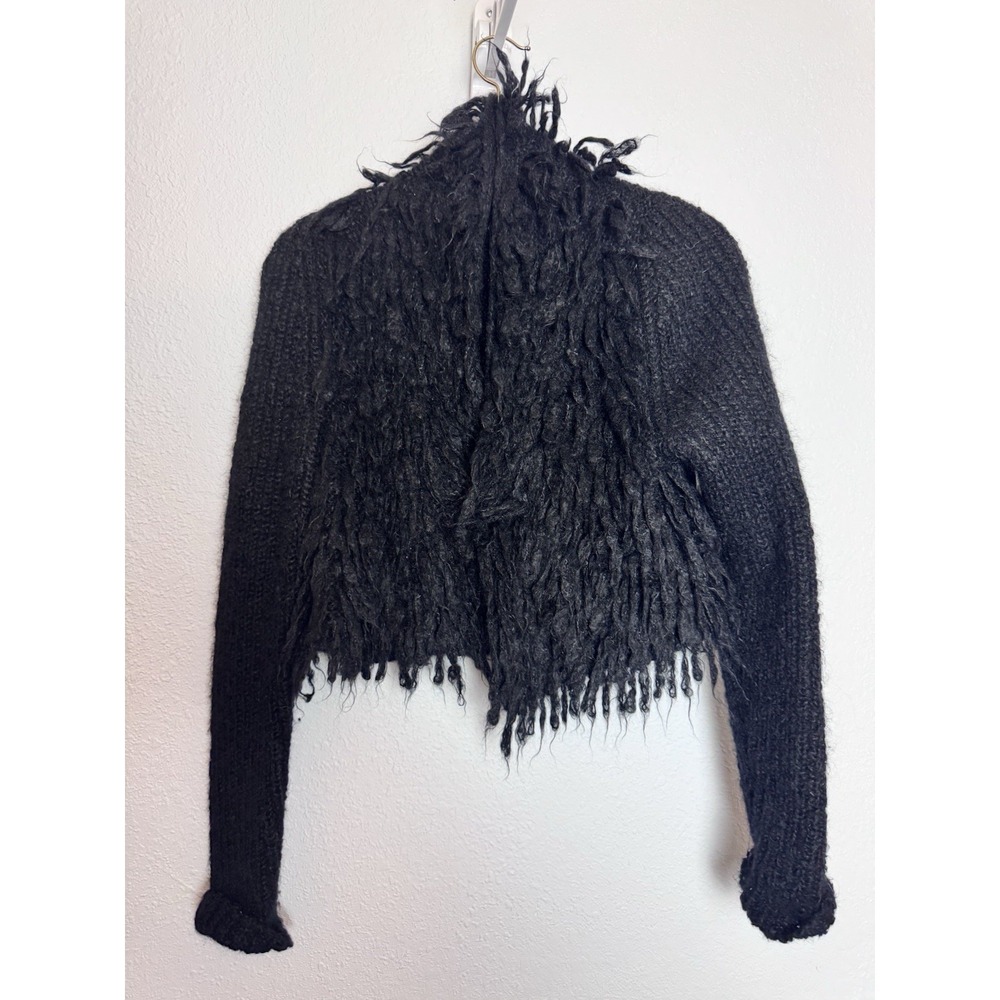 Eileen Fisher‎ XXS Black Mohair Knit Jacket Cropped Fringe  Mod Old Money Grunge